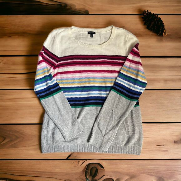 Talbots Sweaters - TALBOTS Knit Sweater Women's Size L Striped Crew Neck Pullover Long Sleeve Ivory